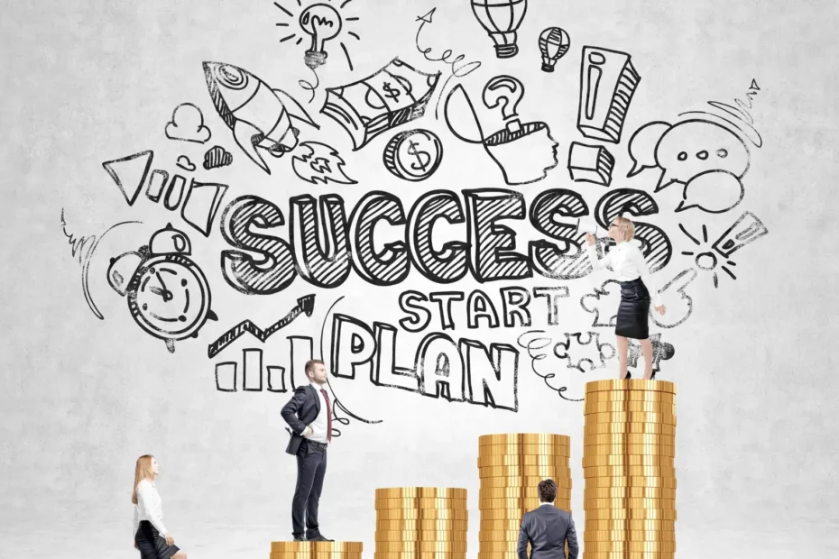 People standing on stacks of coins in front of a word collage. The collage says words like "Success", "Plan", and "Start"